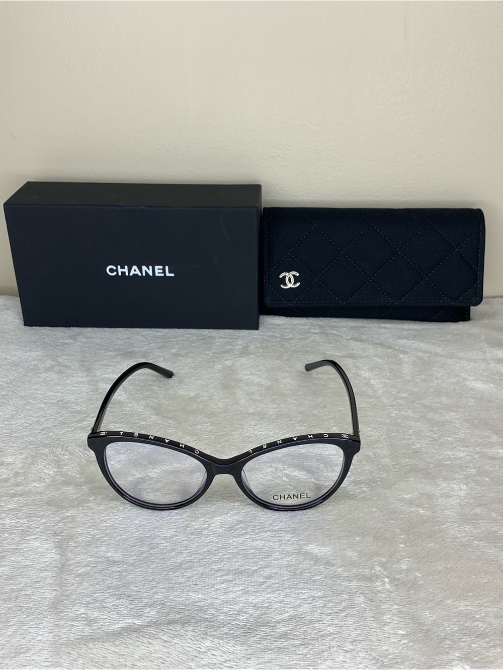 CHANEL Black Cat-Eye Glasses with Quilted Case